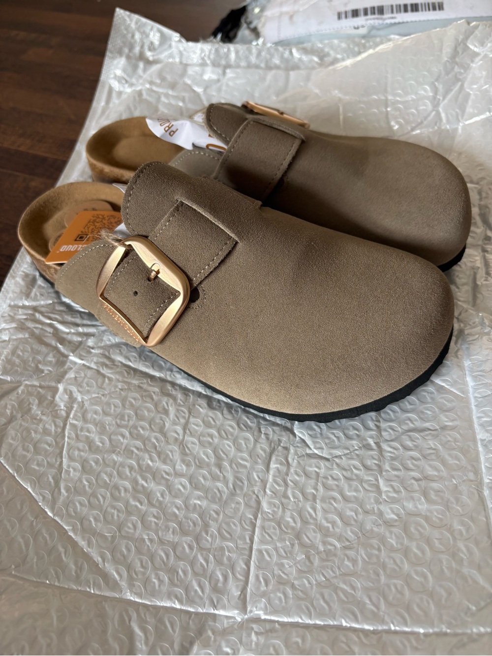 Amazon Women's Taupe Slip-On Clogs with Gold Buckle